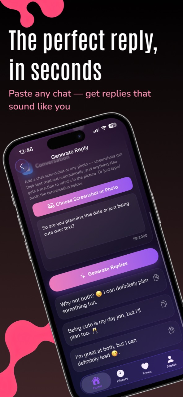 Txtor Ai generating three reply suggestions for a dating chat